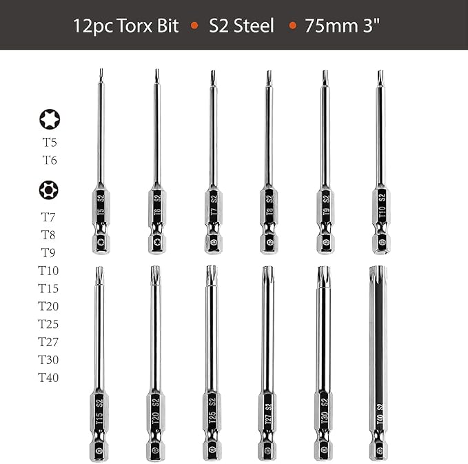 Dandeeler 12 Piece Security Torx Bit Set 3 Long, S2 Steel T5-T40, with Tool Bag 12pc Security Torx 3inch