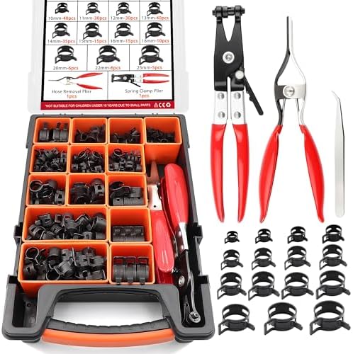 352Pcs Spring Band Hose Clamp Kit, 6-25mm 15 Sizes 65Mn Carbon Steel with Swivel Jaw Pliers & Removal Tool for Fuel Line, Coolant, Vacuum, Radiator, Silicone Hose - Automotive, Marine, DIY