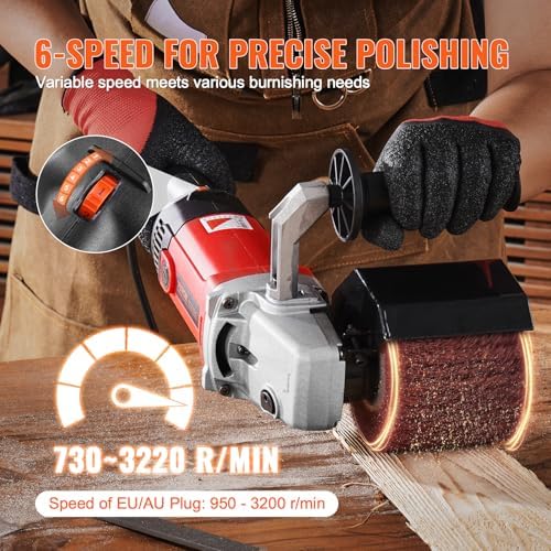 VEVOR Burnishing Polishing Machine, 1200W 6 Variable Speed Surface Conditioning Tool, Handheld Electric Metal Burnishing Machine with 4 Fiber Polishing Wheels for Stainless Steel, Non-Ferrous Metals