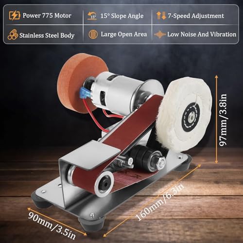 Mini Belt Sander Electric Bench Grinder Sanding Machine 7 Adjustable Speed Grinder Polisher 15 Degree Knife Knife Sharpener for DIY Woodworking,Metal Working,Knife Making,jewelry Making