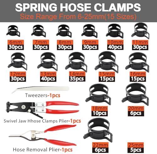 352Pcs Spring Hose Clamps Assortment Kit 15Size 6-25mm with Swivel Flat Hose Clamps Plier, Black 65Mn Spring Steel Hose Clamp, Fuel Line Hose Clamps for Silicone Vacuum Hose,Water Pipe,Automotive