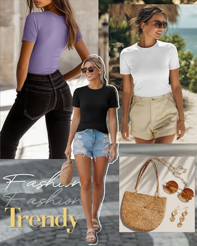 Ficerd 3 Pack Women's Ribbed Short Sleeve T-Shirts