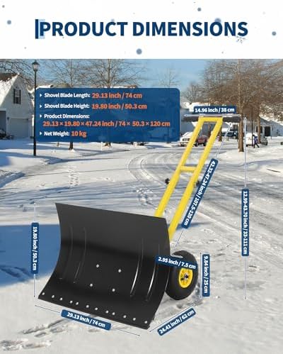 GarveeTech 29x19.8 in Rolling Snow Shovel on Wheels, Metal Snow Pusher