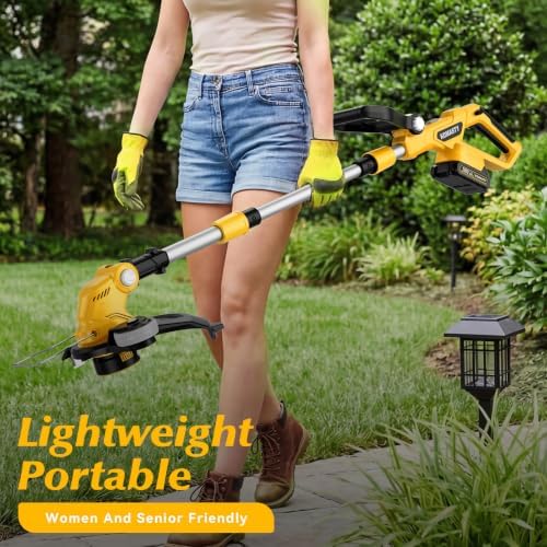 20V Electric Weed Wacker Cordless Edger Lawn Tool 2 X 2.0Ah Battery Powered Weed Eater and Charger, 12" Lightweight String Trimmer, Auto Line Feed Grass Cutter Lawn Mower for Small Yard Garden, Yellow