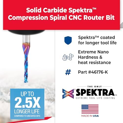 Amana Tool Spektra Extreme Tool Life Solid Carbide CNC Compression Spiral Router Bit 46176-K, 1/8 D x 13/16 CH x 1/4 Shank x 2-1/2 Inch Long
