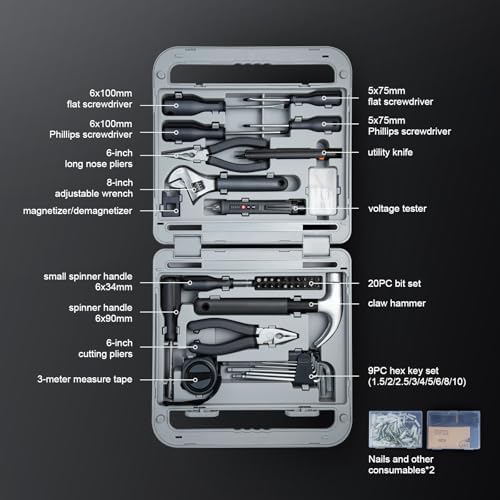 Growneer Tool Set, 241 Piece Home Tool Kit with Durable Metal Tools for Home Repair,DIY,Maintenance,Includes Screwdriver Wrench Hammer Scissors Tape Plier Tool Box Essential Mechanics Tools Kit