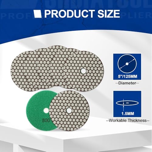 SHDIATOOL 5 Inch Dry Diamond polishing Pads Grit 800 for Granite Marble Quartz(7-Pack)