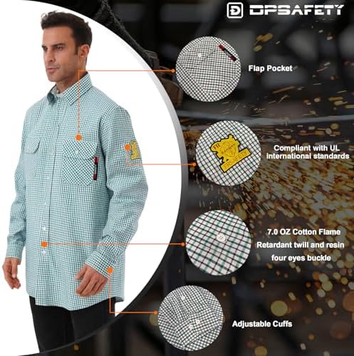 FR Shirts for Men 7oz Fire Resistant Shirts CAT2 Welding Shirt 100% Cotton Flame Resistant Shirt Greens/Plaid(5X-Large)