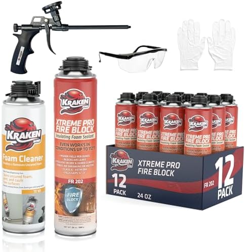 Kraken Bond Xtreme Pro Fire Block Expanding Foam Sealant (12x24oz), Professional Polyurethane Insulating Foam with Fire Block Technology, High Heat Resistant and Waterproof, Gun Included – 12 Pack