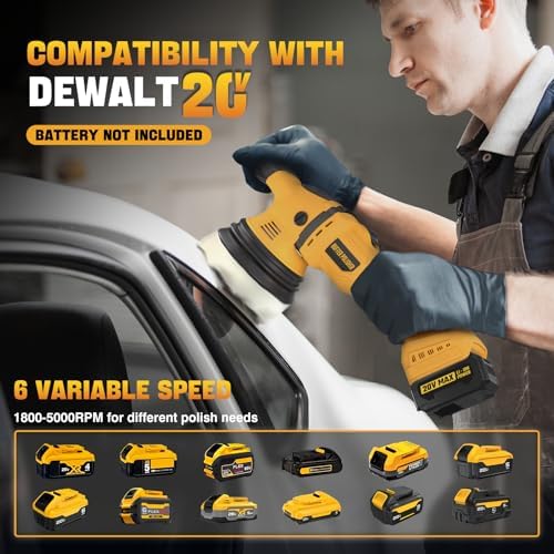 VERVEWAVE Cordless Buffer Polisher Kit for Dewalt 20V Battery (No Battery), 6-Inch Orbital Car Polisher Variable Speed 1800—5500 RPM, 17PCS Polishing Accessories, for Car Polishing/Waxing (Tool Only)