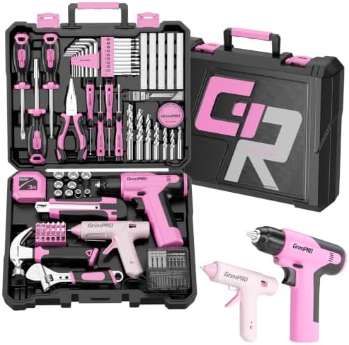 GRENPRO 188PCS Pink Cordless Drill Tool Set For Women Tool Kit For Home Box