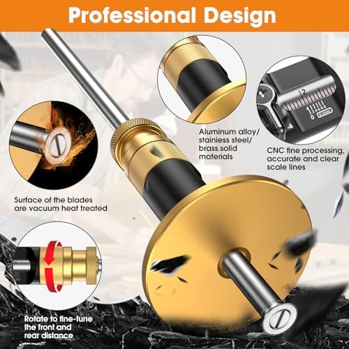 Wheel Marking Gauge Knife Woodworking, Scribe Tool Woodworking, Adjustable 0-12cm, Aluminum & Brass Options, for Parallel Lines, Dovetail Joints & Professional Carpentry (Brass with Fine Adjustment)