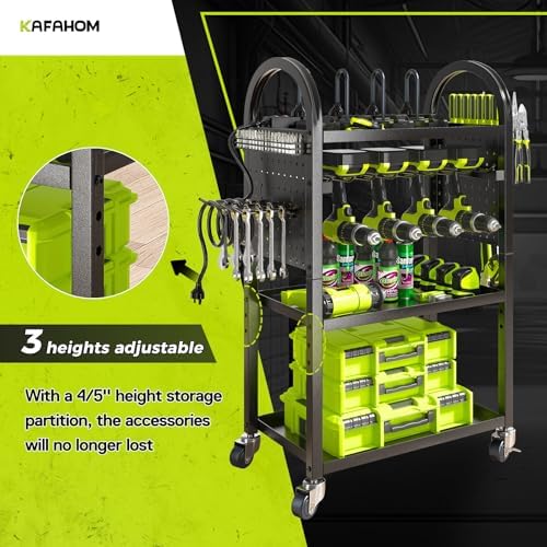 KAFAHOM Power Tool Organizer Cart with Charging Station,Garage Floor Rolling Storage on Wheels for Mechanic,Mobile 8 Drill Holder, Utility Cart with Battery Charging 8 Outlet Power Strip