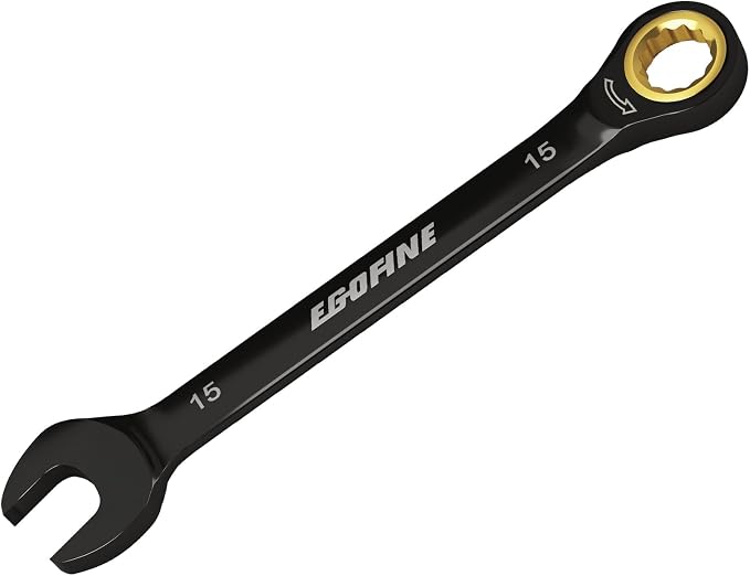 Egofine 15mm Ratchet Wrench, 15mm Wrench Ratcheting Combination Wrenches Metric, Industrial Grade Gear Spanner with 12 Point Box End, 72-Teeth Ratchet Black Electrophoretic Coating,CR-V
