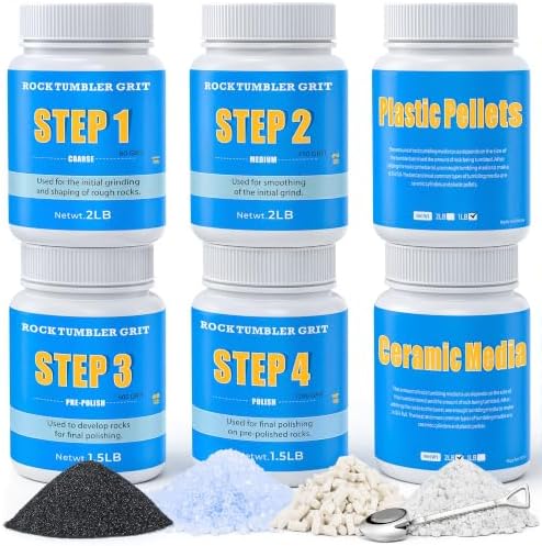 Rock Tumbler Grit Kit - 10LB Rock Polishing Grit & Ceramic Tumbling Media, 4-Step Polish Refill with Plastic Pellets, Polish Up to 70 lbs of Rocks, Compatible with All Rock Tumblers & Polishers | Complete Tumbling Set with Plastic Pellets for Multi-Sta...