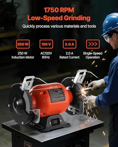 VEVOR Bench Grinder, 6-inch Single Speed Bench Grinder, 1750RPM Low-Speed Table Grinders with 250W 2A Induction Motor, 36/60-Grit Grinding Wheels & Adjustable Tool Rest for Precise Sharpening Grinding