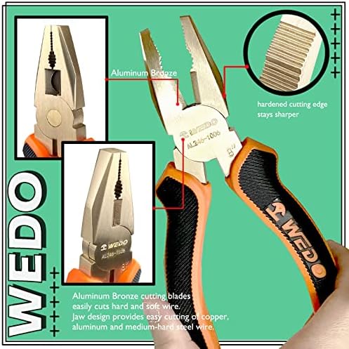 WEDO Non-Sparking Lineman's Pliers 10", Spark-free Safety Side Cutter Linemans Pliers, Combination Pliers, Wire Stripper, Crimper, Cutter, DIN Standard, BAM & FM Certificate, Aluminum Bronze