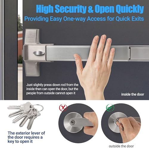 31" Commercial Push Bar Panic Exit Device with Exterior Lever Handle, 304 Stainless Steel Emergency Exit Door Hardware, Panic Bar Lock for 31"-47" Wood, Metal & Composite Doors, Reversible L/R