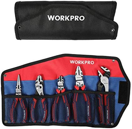 WORKPRO Pliers Set, Premium Cr-V Construction, Includes 6 Inch Slip Joint, Long Nose, Diagonal Cutting, 8 Inch Groove Joint, 7 Inch Linesman and Storage Pouch, for Basic Repair (Pack of 2)