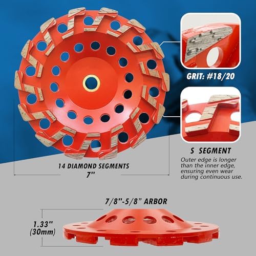 7" Diamond Grind Wheel S Seg Concrete/Coating 7/8"-5/8" Non-Threaded Arbor