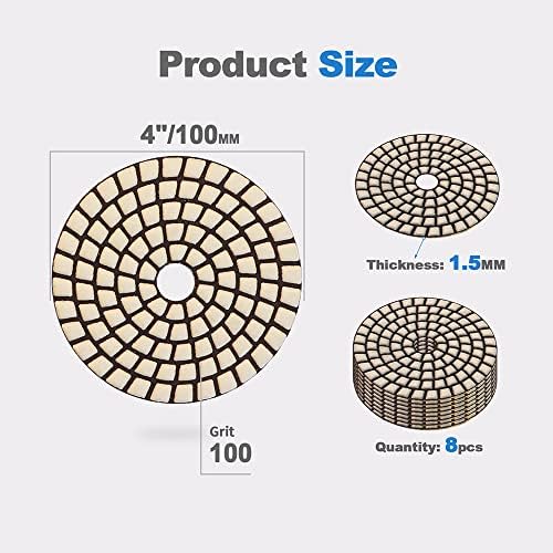 Dry Diamond Polishing Pads - 8pcs 4 inch #100 Sanding Pads Kit for Granite Marble Ceramic Used on Angle Grinder or Polisher