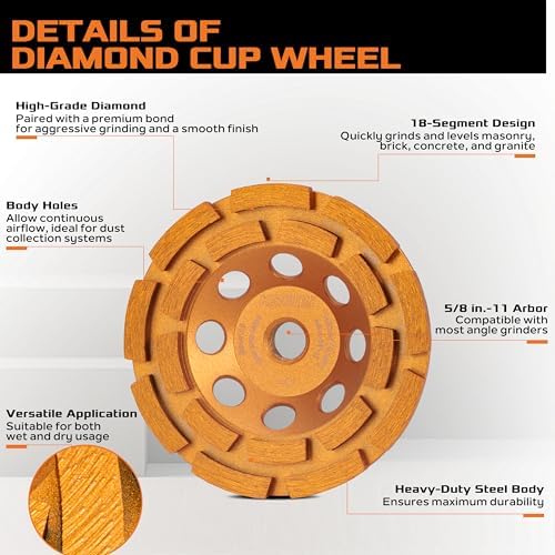 KSEIBI 644116 Diamond Concrete Grinding Wheel 4 1/2" x 5/8"-11 for Polishing and Cleaning Stone Concrete Surface, Cement, Marble, Rock, Granite, and Thinset Removing, Angle Grinder Wheels Cup