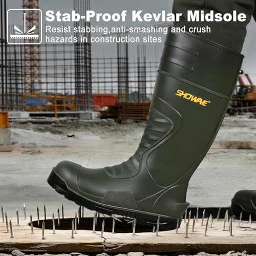 Showave Men's Rubber Boots Steel Toe Rain Boot Construction Waterproof Boot