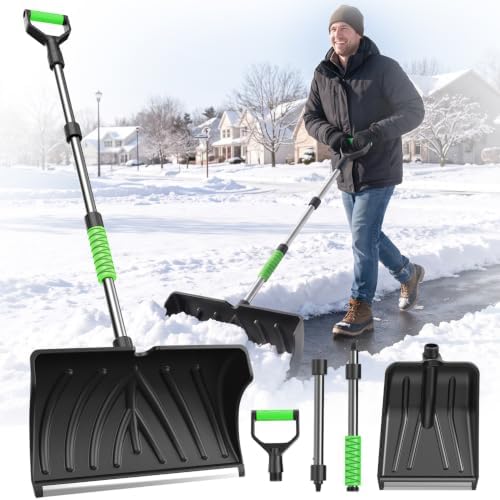DMJN [2026 Upgraded] 2-in-1 Snow Pusher & Snow Shovel, 53" Aluminum Snow Removal Tool with 20" Wide Pusher & 10" Shovel for Driveways, Sidewalks, Steps and Walkways