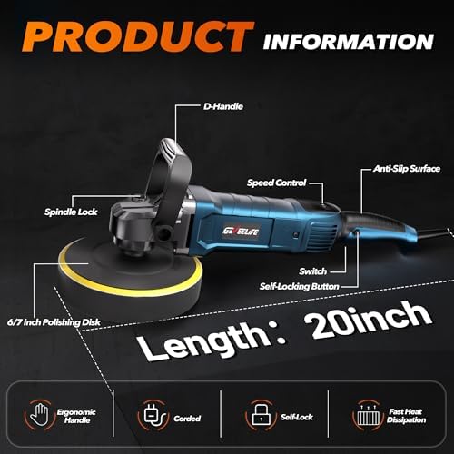 GEVEELIFE Buffer Polisher, 6 Inch/7 Inch 1600W Rotary Car Buffer Polisher Waxer, 7 Variable Speed 1000-3500 RPM, Detachable Handle for Car, Boat Sanding, Polishing, Waxing