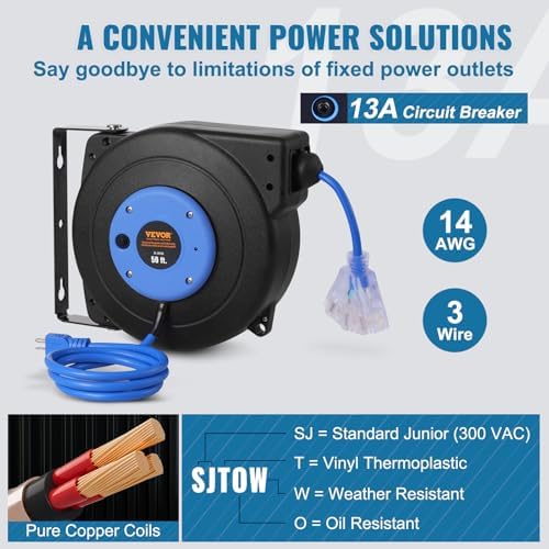 VEVOR Retractable Extension Cord Reel, 50 FT, Heavy Duty 14AWG/3C SJTOW Extension Power Cord with Lighted Triple Tap Outlet, 13A Circuit Breaker 180° Swivel Bracket for Ceiling or Wall Mount, Blue