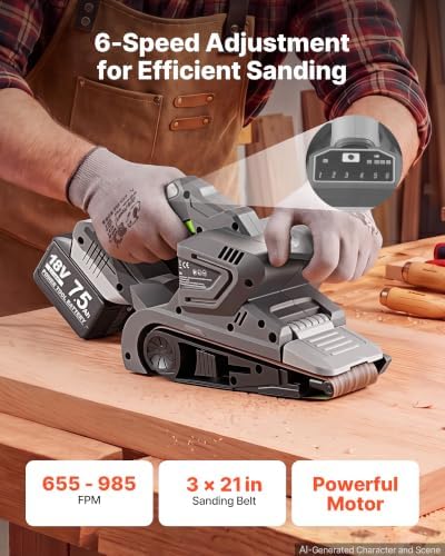 VEVOR 20V Max Cordless Belt Sander, 3" x 21" Belt Sander for Woodworking, 6 Variable Speeds Sanding Machine with 10PCS Sanding Belts, 2 Dust Bags & Vacuum Adapter (Battery NOT Included)