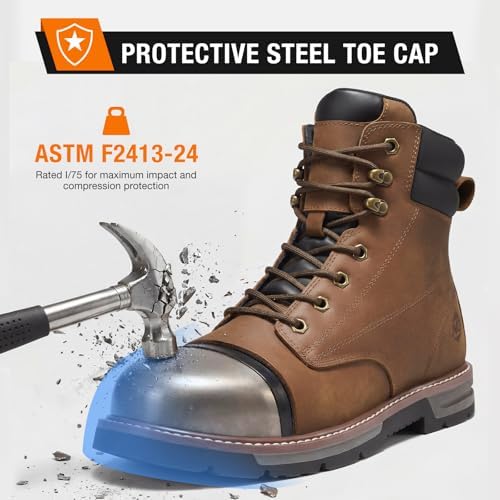 NINGO Steel Toe Work Boots for Men, Water Resistant Crazy Horse Leather