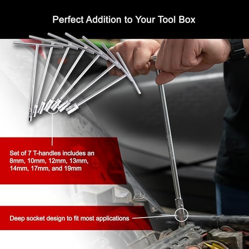 TUSK Deep Socket T-Handle Wrench Set 7-pack 6-Point Socket 8mm, 10mm, 12mm, 13mm, 14mm, 17mm, 19mm Chrome Vanadium Steel Nickel-Pewter Finish