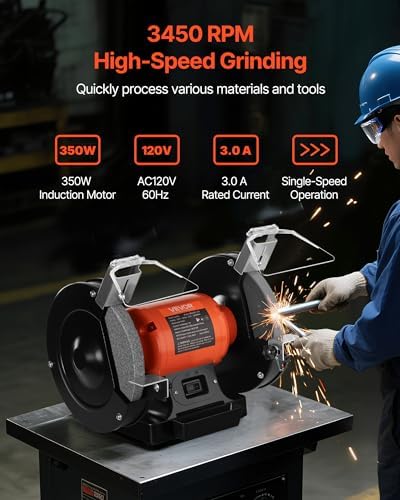 VEVOR Bench Grinder, 8-inch Single Speed Bench Grinder, 3450RPM High-Speed Table Grinders with 350W 3.0A Induction Motor, 36/60-Grit Grinding Wheel & Adjustable Eye Shield for Fast Sharpening Grinding