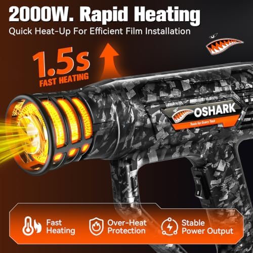 OSHARK Heat Gun for Vinyl Wrap/Window Tint/PPF, Digital LCD, Variable Temperature Heavy Duty Hot Air Gun, 2000W 122℉-1202℉ Memory Function for Auto Film Wrapping, Paint Remover, Heat Shrink and Crafts