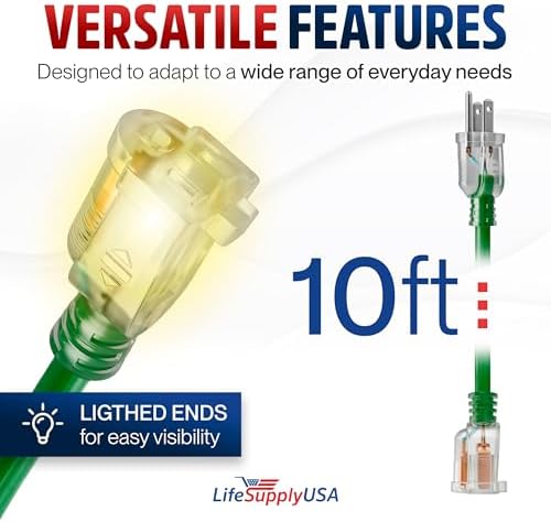 10ft Outdoor/Indoor Extension Cord 10/3 Gauge Ultra Heavy Duty 3 Prong SJTW, Waterproof, Flexible Cold-Resistant Long Power Cord,15A 125V 1875W, Green by LifeSupplyUSA