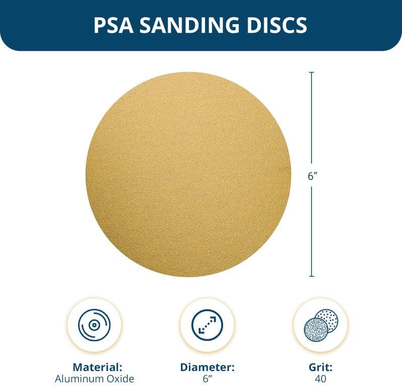 Benchmark Abrasives PSA Gold 6 Inch Self Adhesive Sanding Discs with Aluminum Oxide Grains Automotive DA Sandpaper - 6 Inch Sanding Discs Roll - Surface Blending Orbital Sanders (100 Count), 40 Grit