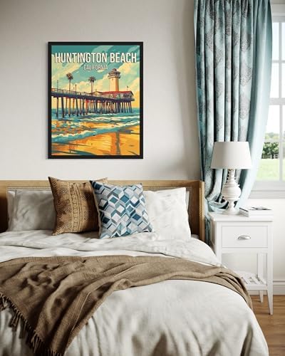 Huntington Beach California Unframed Wall Art Print Poster, US Vintage Retro Beach Scenery Posters Prints for Restroom Home Picture Painting Artwork Gallery 219 (Huntington Beach California, 24"L x 18"W, Unframed)