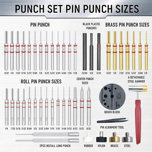 48Pcs Roll Pin Punch Set with Hammer and Bench Block