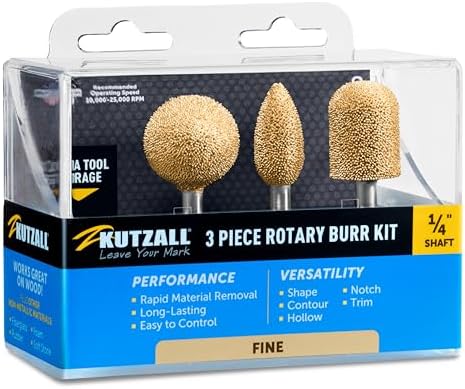 Kutzall 3-Piece Rotary Burr Kit - 1⁄4" Shaft, Fine - Wood Carving Bits for Bosch, DeWalt, Milwaukee Tools - Structured Tungsten Carbide