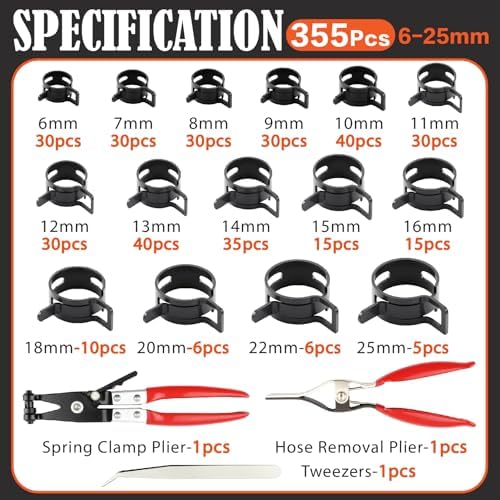 355Pcs 6-25mm Spring Hose Clamps Assortment Kit with Spring Clamp Plier,Hose Removal Plier,for Fuel Line,Vacuum Hoses,Silicone,Air Hose Applications