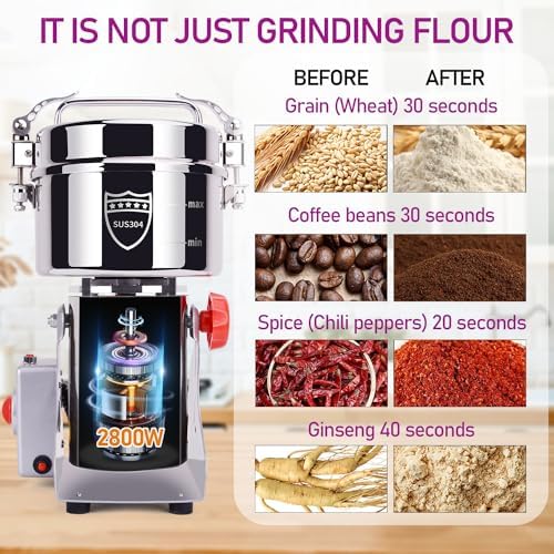 750g Grain Mill, 304 Stainless Steel Spice Grinder, 2800W High-speed Commercial Flour Mill, Superfine Flour Mill Grinder for Home, Grain Mill for Flour
