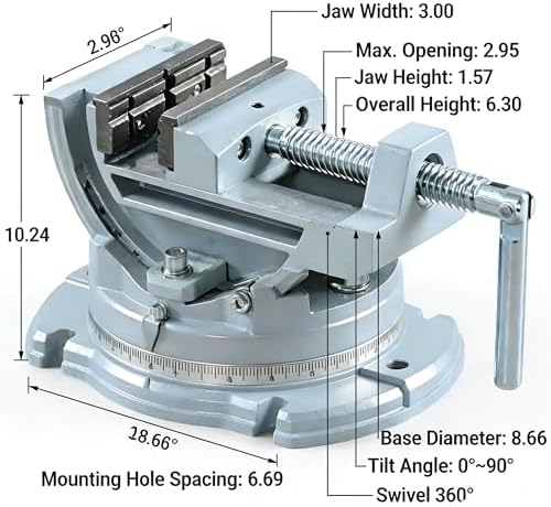 3-Inch Tilting Drill Press Vise, 360° Swivel Base, 0-90° Angle Adjustment, Heavy Duty Benchtop Clamping Vise for Milling, Drilling Machine, Precision Metalworking Tool