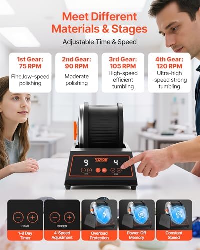VEVOR Rock Tumbler Kit, 4lbs Rock Polishing Kit, 4 Speed Settings 9-Day Polishing Timer Stone Polishing Kit, Belt-Free Rock Polisher with Adapter & Overload Protection, Rock Polisher for Adults Kids