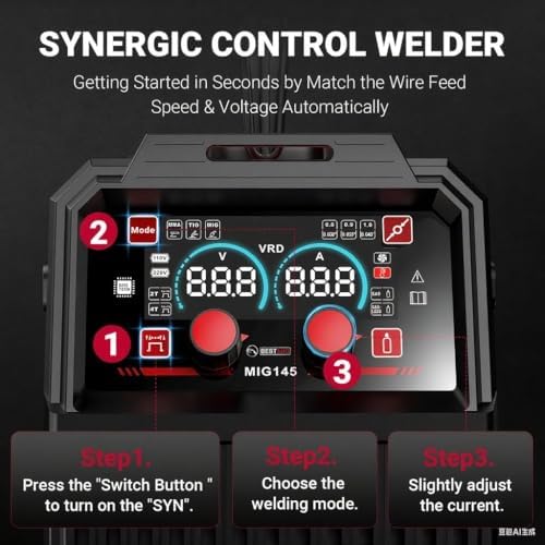 BESTMIG 145A 4-in-1 Multi-Process Welder, 110V/220V MIG/TIG/MMA/Stick Welding Machine, Gas & Gasless Flux Core Welder with Synergy IGBT Inverter, Includes Welding Helmet & Gloves