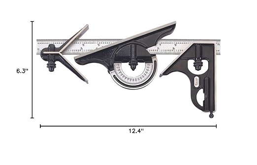 Starrett Combination Set with Square, Center and Reversible Protractor Head and Blade - 12" Blade Length, Cast Iron Heads, Hardened Steel, 4R Graduation Type - C435-12-4R