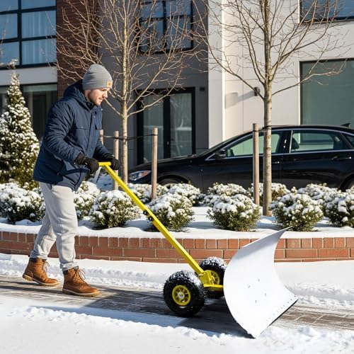 VINGLI Snow Pusher Shovel with Wheels, 29" Adjustable Ergonomic T-Handle Snow Plow for Driveway, Heavy Duty Wheeled Rolling Shovels for Snow Removal, Angle Adjustable (White & Yellow) (29"x18")