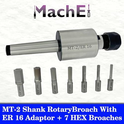 MachEl MT2 Shank Rotary Broach with ER16 Adaptor & Set of 7 Hex Broaches for Versatile Machining Applications