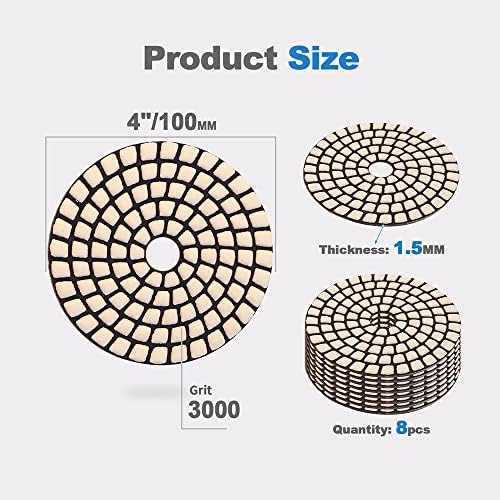 Dry Diamond Polishing Pads - 8pcs 4 inch #3000 Sanding Pads Kit for Granite Marble Ceramic Used on Angle Grinder or Polisher
