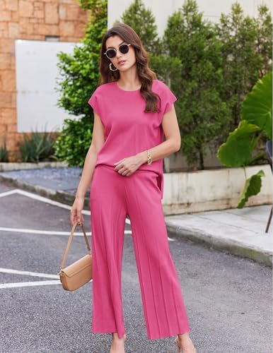 Ekouaer Lounge Sets for Women Two Piece Outfits Knit Cap Sleeve Tops Wide Leg Pleated Pants Casual Dressy Sweater Sets